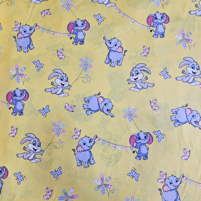 Material textil ranforce, bumbac 100%, Galben cu elefanti si iepurasi [2]