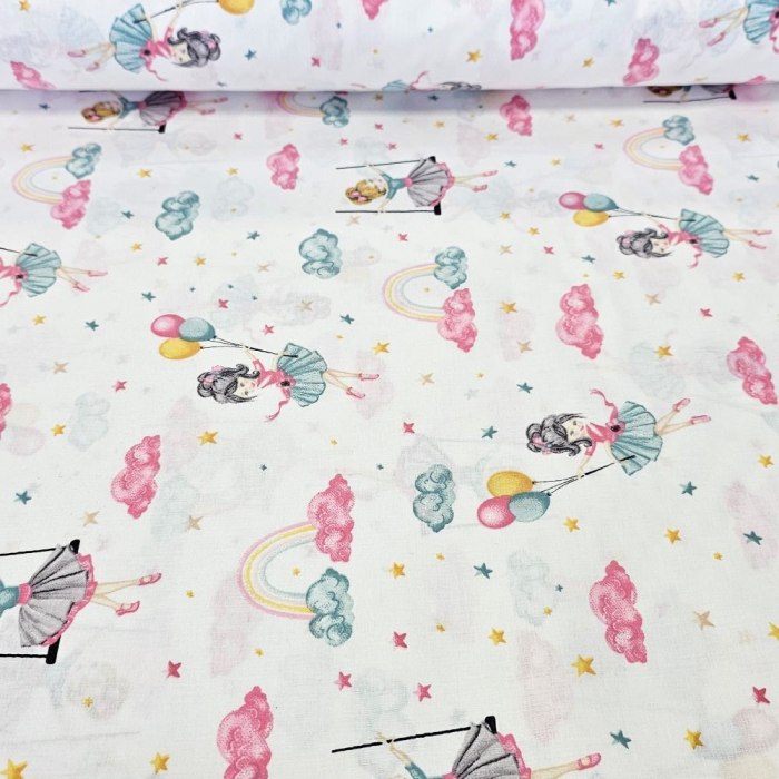 Material textil ranforce, bumbac 100%, Alb cu fetite si baloane [2]