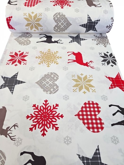 Material textil ranforce, bumbac 100%, Alb cu reni si fulgi de nea [3]