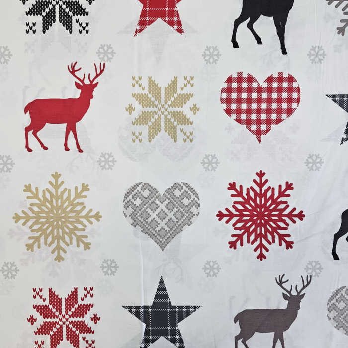 Material textil ranforce, bumbac 100%, Alb cu reni si fulgi de nea [2]