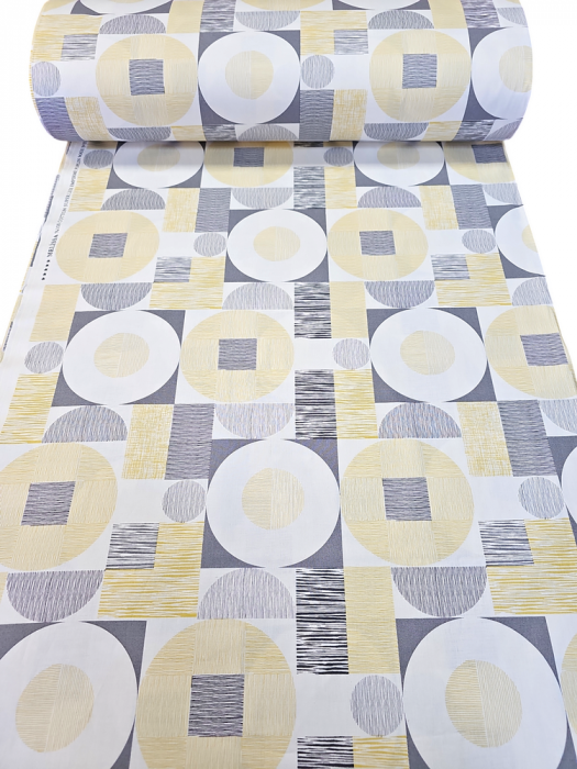 Material textil ranforce, 240cm, bumbac 100%, Geometric - gri si galben [2]