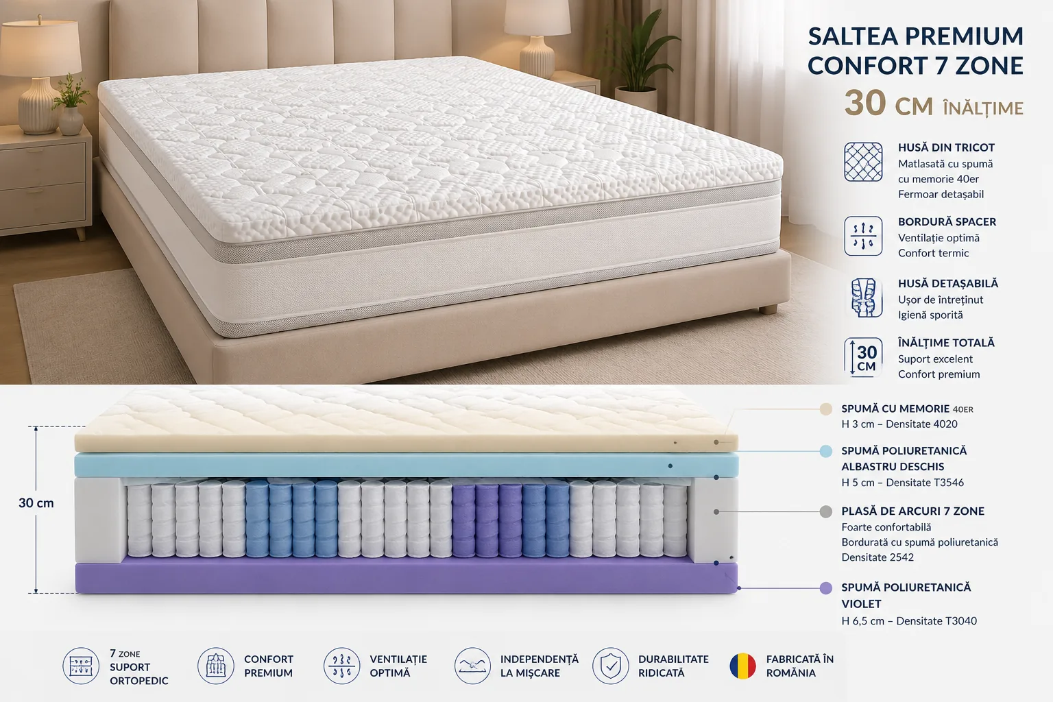 Saltea LUXURY 7 ZONE MEMORY - 30cm (RLX 19) - Marime: 180cm x 200cm [8]