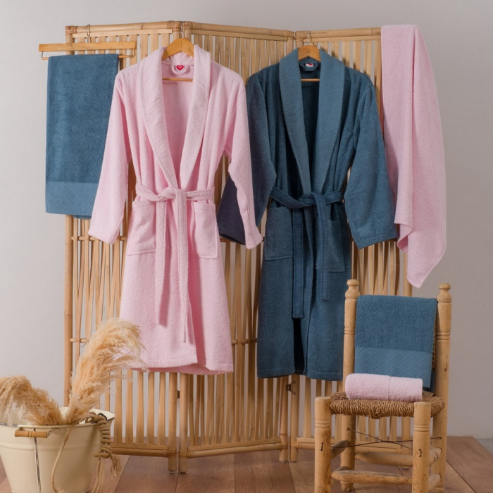 Set 4 prosoape si 2 halate de baie, Cotton Box, Camilla - Pink, Indigo Blue [2]