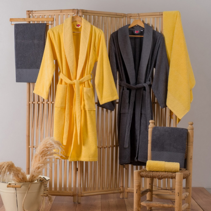 Set 4 prosoape si 2 halate de baie, Cotton Box, Camilla - Yellow, Anthracite [2]