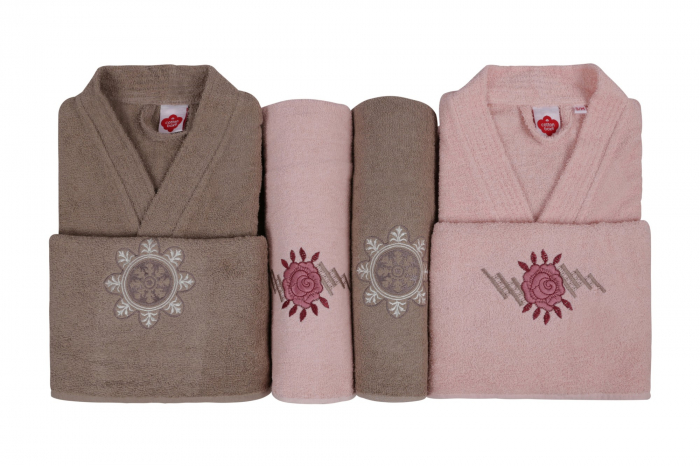 Set 4 prosoape si 2 halate de baie, Cotton Box, Nakıslı Aile - Powder, Beige V1 [2]