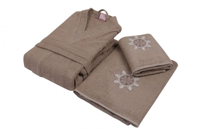 Set 4 prosoape si 2 halate de baie, Cotton Box, Nakıslı Aile - Powder, Beige V1 [4]