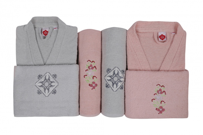 Set 4 prosoape si 2 halate de baie, Cotton Box, Nakıslı Aile - Powder, Grey v1 [2]