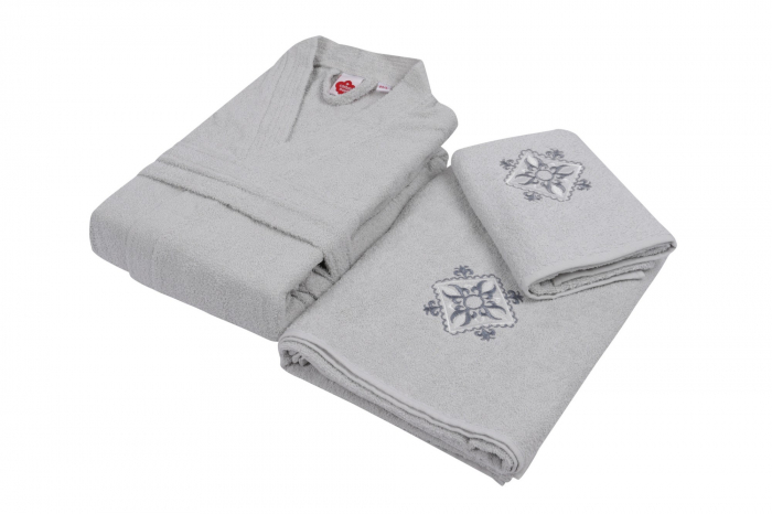 Set 4 prosoape si 2 halate de baie, Cotton Box, Nakıslı Aile - Powder, Grey v1 [4]