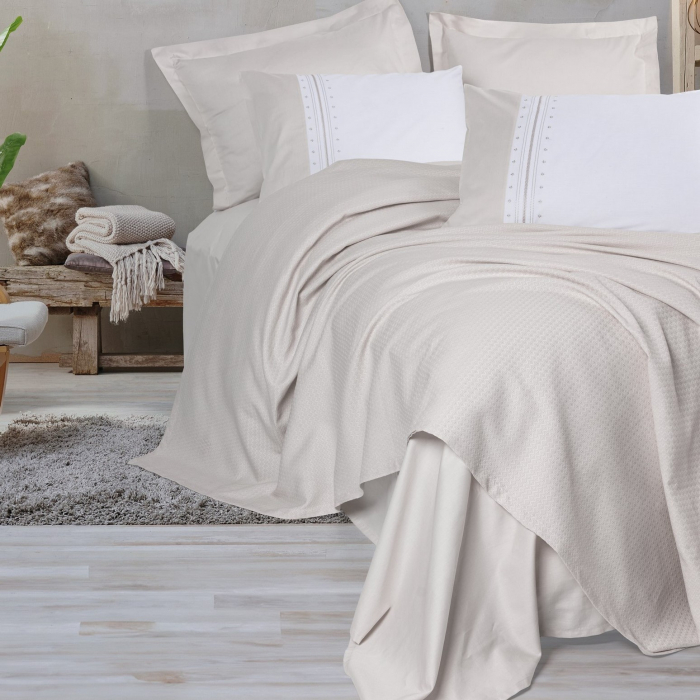 Set pique lenjerie și cuvertură, 6 piese, bumbac 100%, Cotton Box, Chaste - Stone [1]