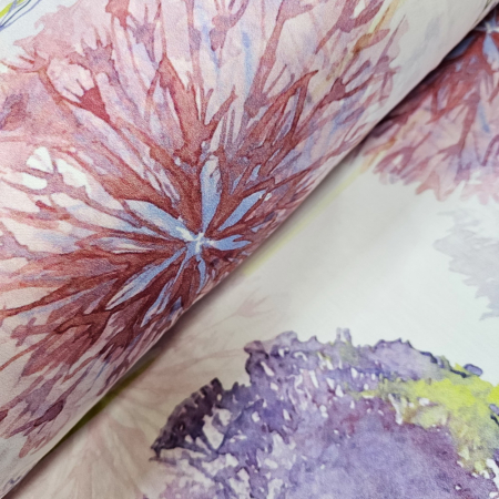 Bumbac dublu satinat - Bumbac dublu satinat alb cu papadii mov