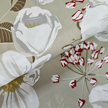 Materiale textile - Bumbac dublu satinat grej cu flori albe