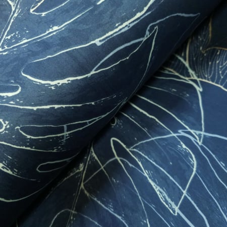 Materiale textile - Bumbac dublu satinat bleumarin cu frunze