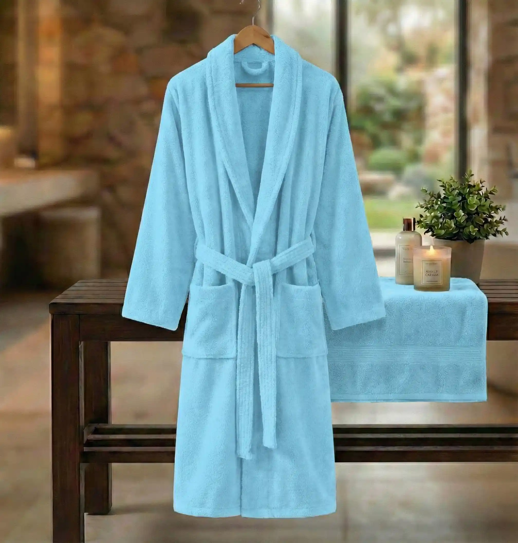 Pucioasa - HALAT DE BAIE VELUR 100% BUMBAC (BLEU) - L/XL