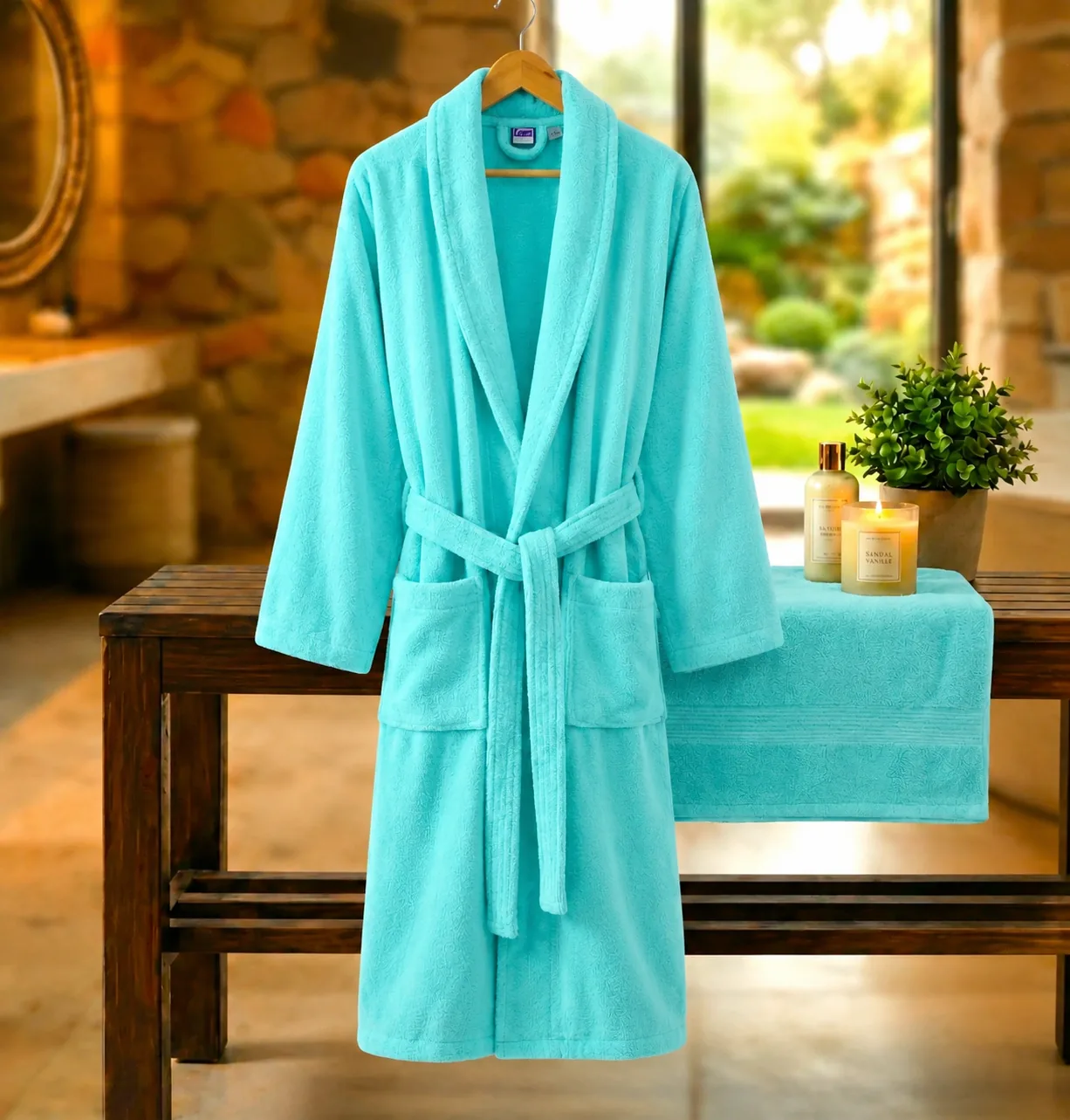 HALAT DE BAIE VELUR 100% BUMBAC (Blue Sea New) - Marime: L/XL [1]