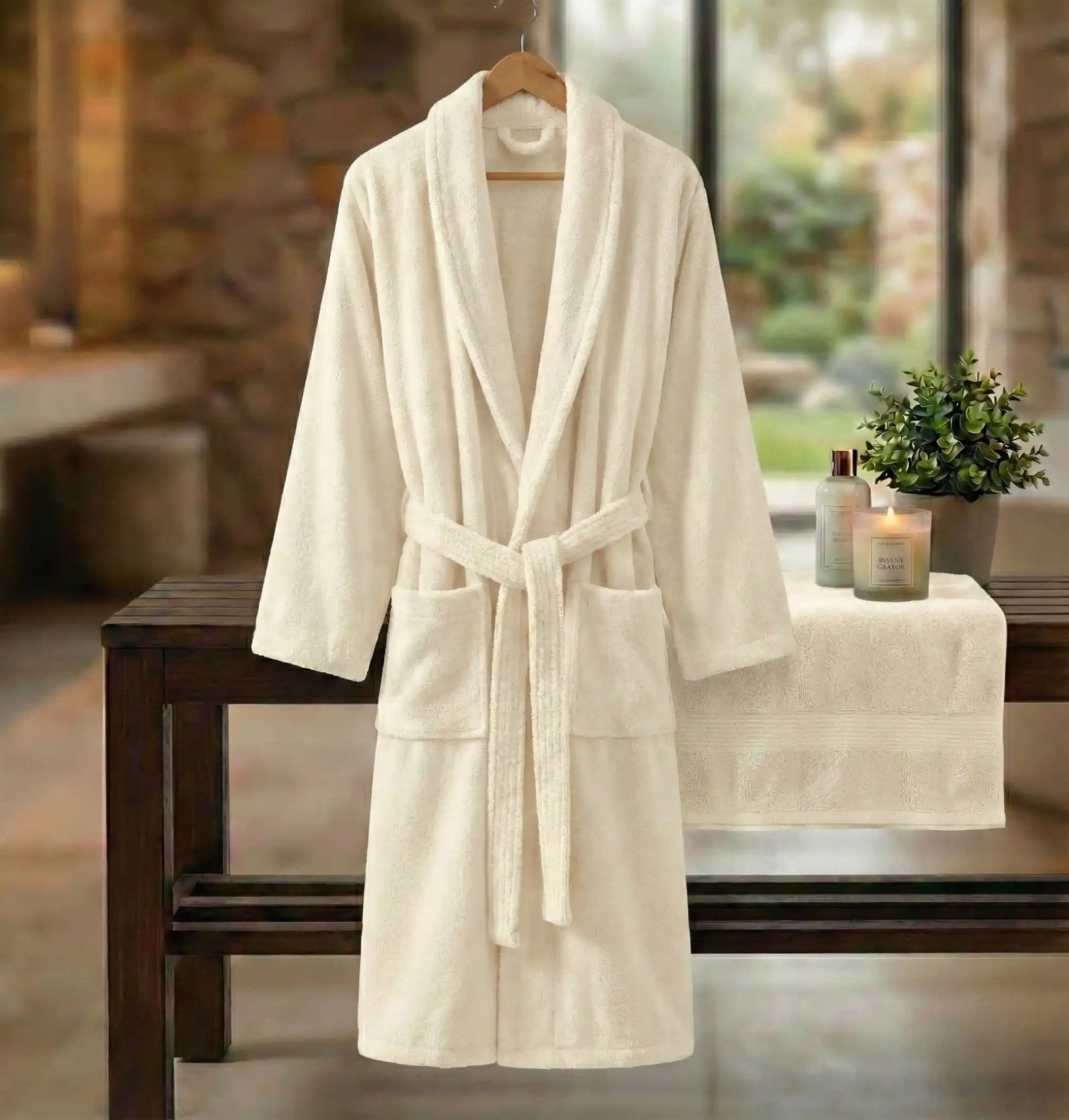 Pucioasa - HALAT DE BAIE VELUR 100% BUMBAC (CREM) - XXL