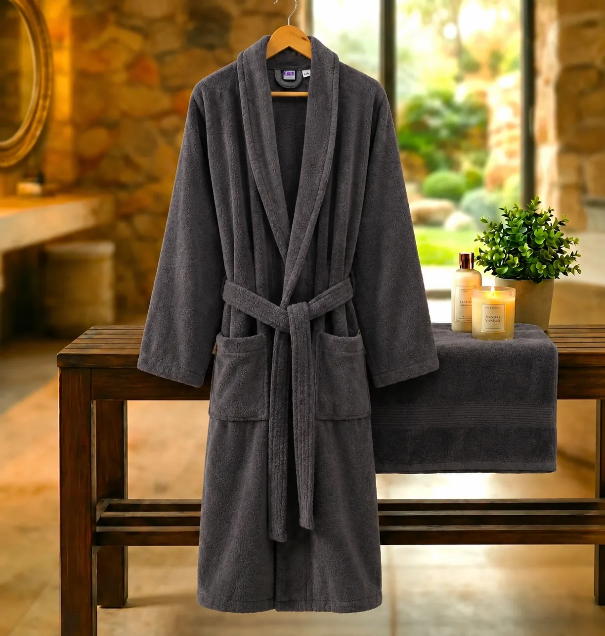 HALAT DE BAIE VELUR 100% BUMBAC (Gray New) - Marime: L/XL [1]