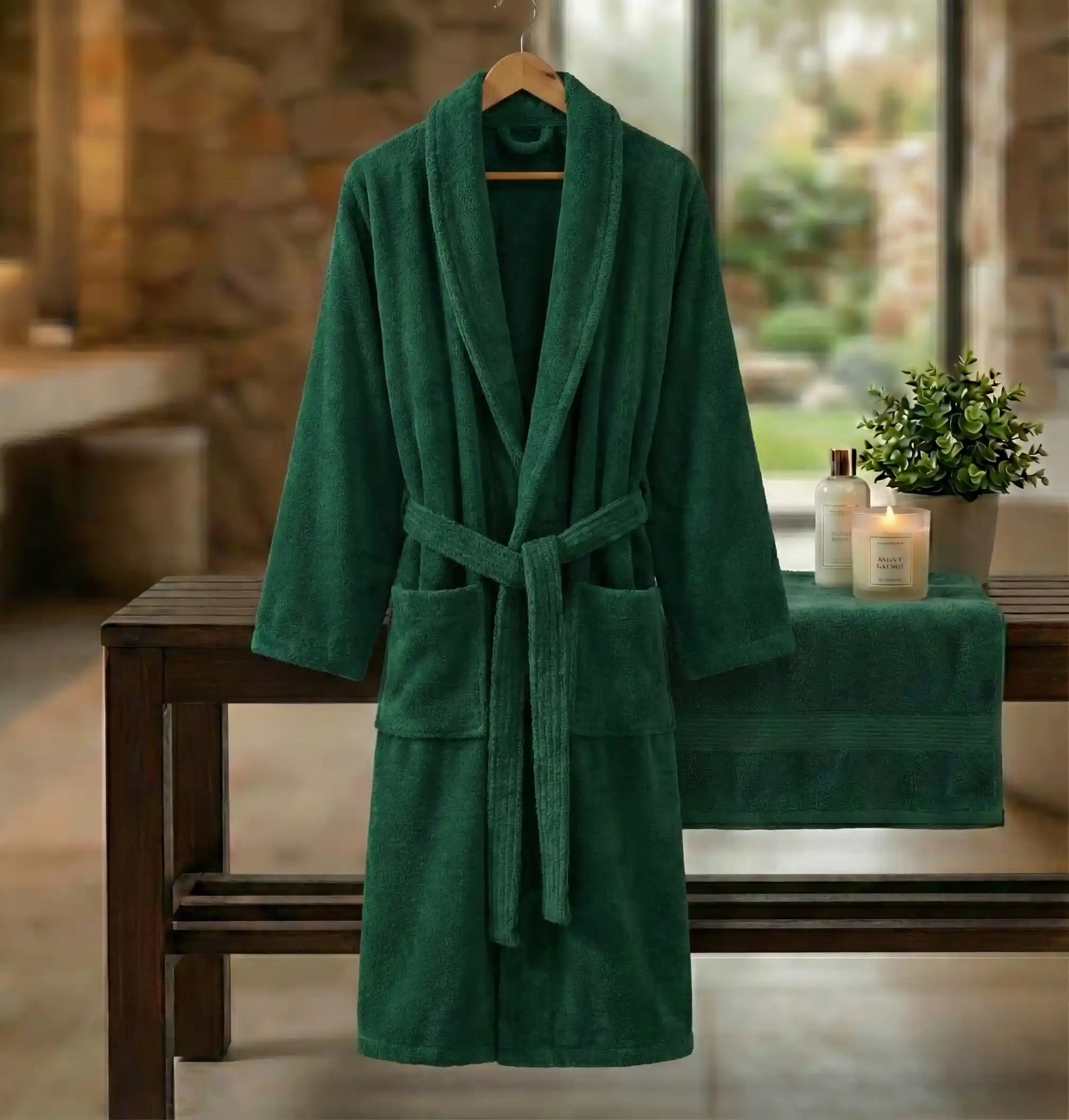 Pucioasa - HALAT DE BAIE VELUR 100% BUMBAC (VERDE) - L/XL