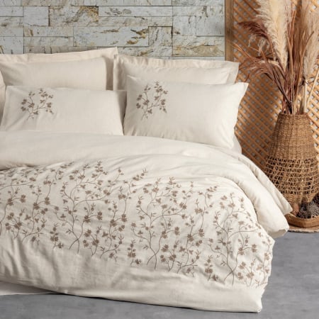 Lenjerii bumbac satin Premium - Lenjerie de pat brodata, 6 piese, bumbac si in, Cotton Box, Hemera