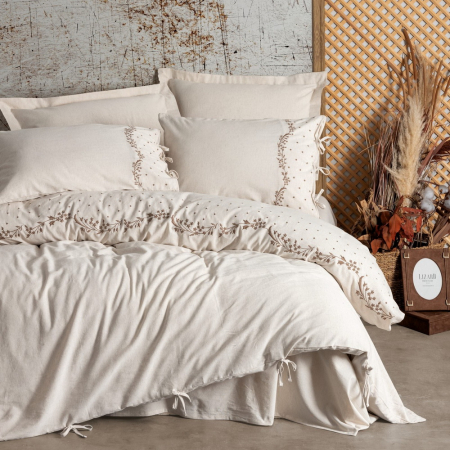 Lenjerii bumbac satin Premium - Lenjerie de pat brodata, 6 piese, bumbac si in, Cotton Box, Pelias