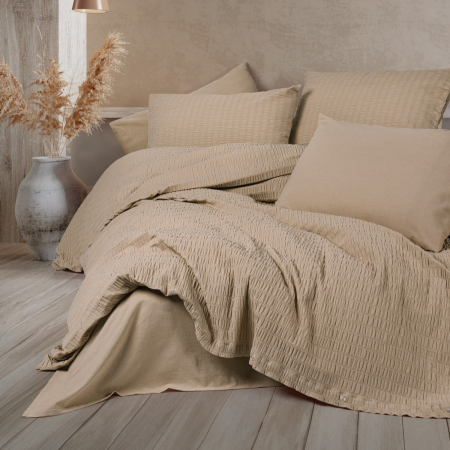 Lenjerii bumbac ranforce - XXL - Lenjerie pat dublu, creponata, 6 piese, Cotton Box, Sungai - Salmon