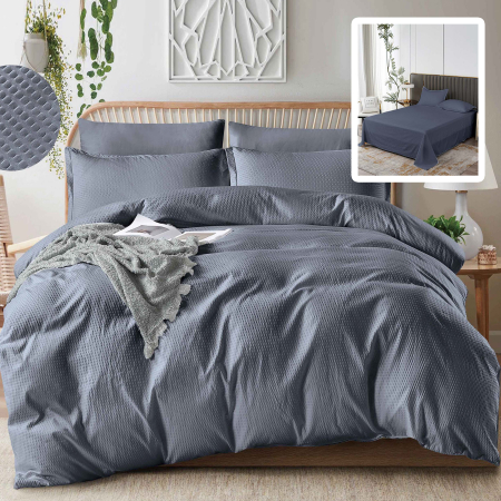 Pucioasa - LENJERIE DE PAT CREPONATa UNI 6 PIESE CU CEARSAF (ANTRACIT)