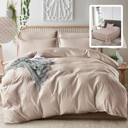 Pucioasa - LENJERIE DE PAT CREPONATa UNI 6 PIESE CU CEARSAF (BEJ)