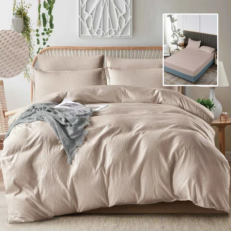 Pucioasa - LENJERIE DE PAT CREPONATa UNI 6 PIESE CU HUSa (BEJ)