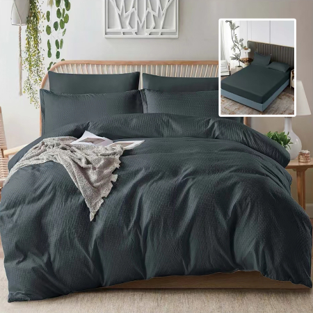 Pucioasa - LENJERIE DE PAT CREPONATa UNI 6 PIESE CU HUSa (NEGRU)