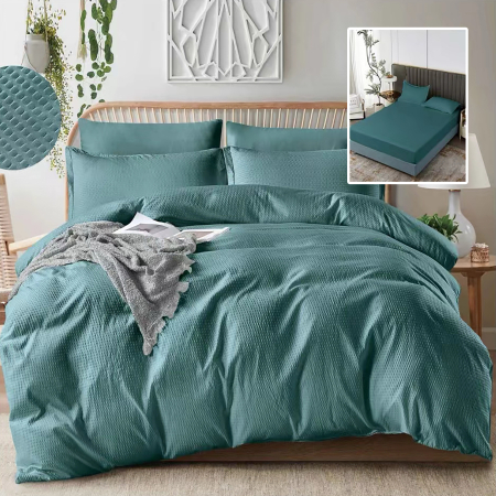Lenjerii de pat creponate - LENJERIE DE PAT CREPONATa UNI 6 PIESE CU HUSa (TURCOAZ)