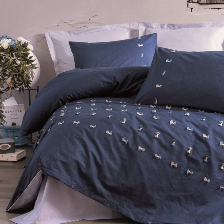 Lenjerii bumbac ranforce - XXL - Lenjerie de pat cu broderie, 6 piese, bumbac 100%, Cotton Box, Gina - Dark Blue