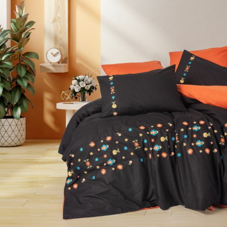 Lenjerii bumbac ranforce - XXL - Lenjerie de pat cu broderie, 6 piese, bumbac 100%, Cotton Box, Liker - Tile Red