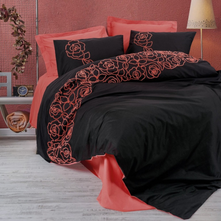 Lenjerii bumbac ranforce - XXL - Lenjerie de pat cu broderie, 6 piese, bumbac 100%, Cotton Box, Rosen - Coral