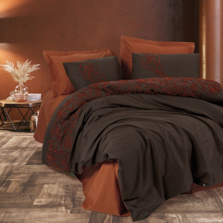 Lenjerii bumbac ranforce - XXL - Lenjerie de pat cu broderie, 6 piese, bumbac 100%, Cotton Box, Rosen - Tile Red