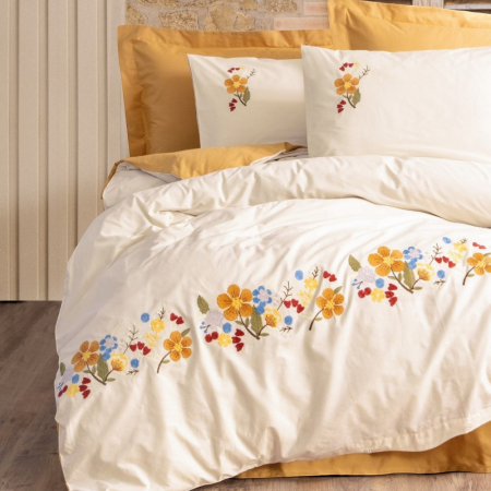 Lenjerii bumbac ranforce - XXL - Lenjerie de pat cu broderie, 6 piese, bumbac 100%, Cotton Box, Pamuya - Mustard