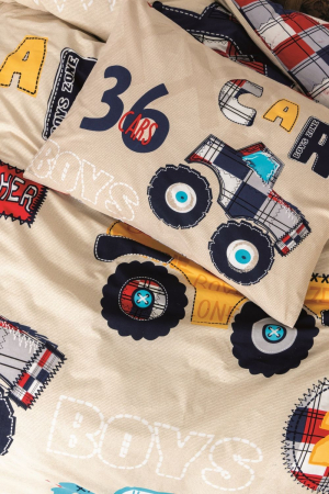 Lenjerie de pat cu elastic, o persoana, bumbac 100%, Cotton Box, Cars - Beige v2 [1]