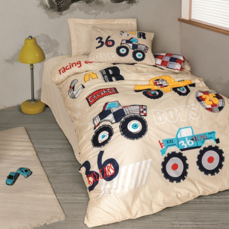 Lenjerii de pat Copii - Lenjerie de pat cu elastic, o persoana, bumbac 100%, Cotton Box, Cars - Beige v2