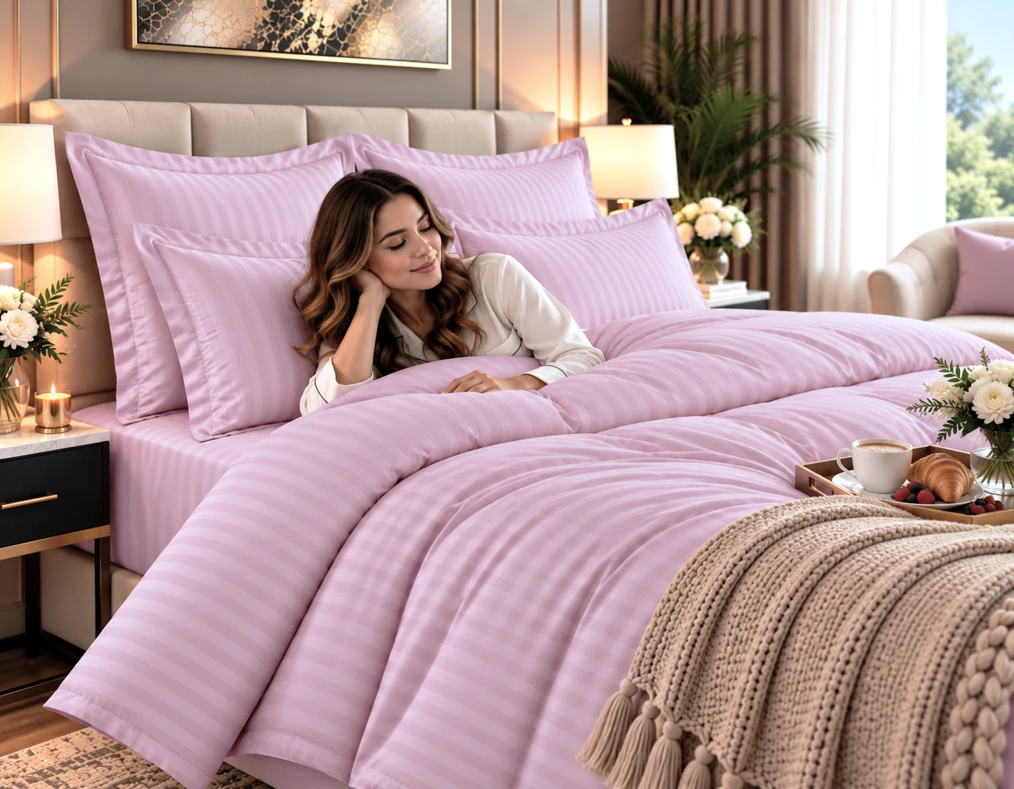 Lenjerie de pat Damasc HORECA - ROZ - dunga 1cm - Marime: king size [1]
