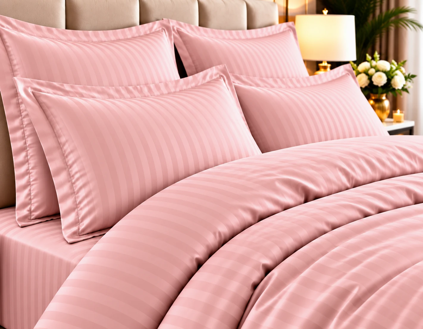 Lenjerie de pat Damasc HORECA - ROZ PUDRA - dunga 1cm - Marime: king size [2]