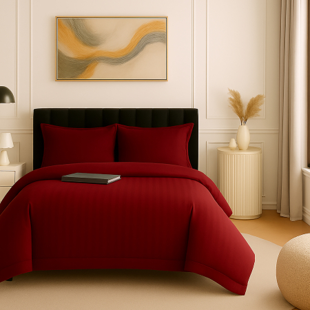 Pucioasa - Lenjerie de pat damasc policoton XXL (ROSU-BRUNAT)