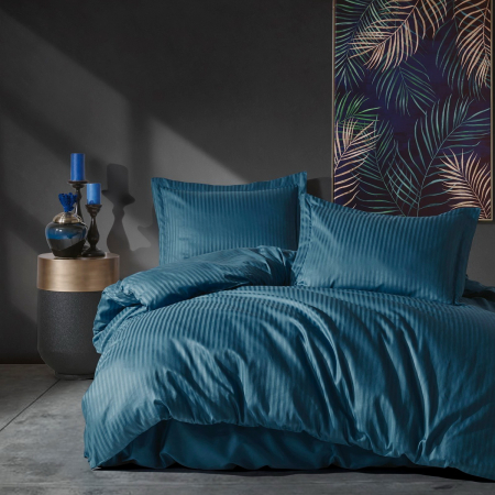 Lenjerii bumbac satin Premium - Lenjerie de pat damasc satinat premium, bumbac 100%, Cotton Box, Albastru