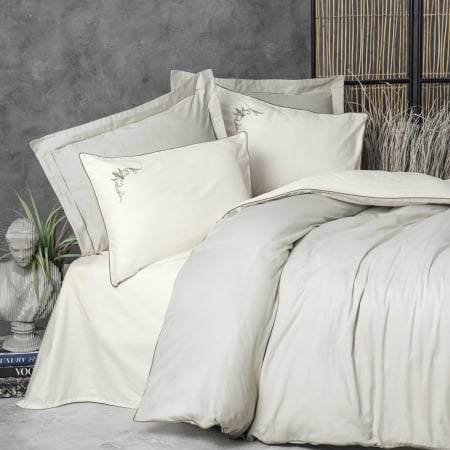 Lenjerii bumbac satin Premium - Lenjerie de pat Elite satin  brodată, 6 piese, bumbac 100%, Cotton Box, Teresa - Beige