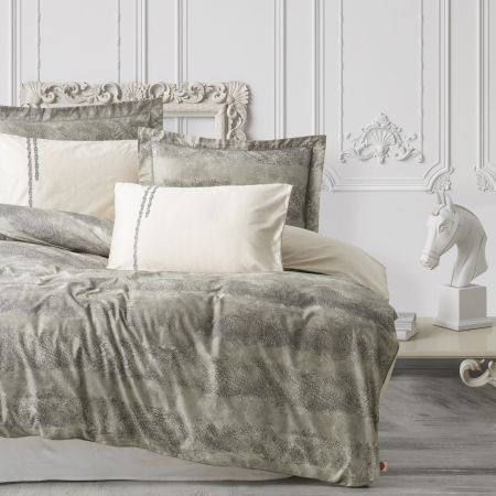 Lenjerii bumbac satin Premium - Lenjerie de pat Elite satin  brodată, 6 piese, bumbac 100%, Cotton Box, Sendero - Khaki