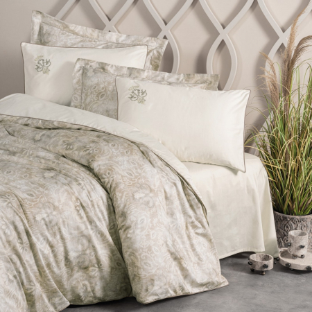 Lenjerii bumbac satin Premium - Lenjerie de pat Elite satin  brodată, 6 piese, bumbac 100%, Cotton Box, Beatrix - Beige