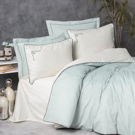 Lenjerii bumbac satin Premium - Lenjerie de pat Elite satin  brodată, 6 piese, bumbac 100%, Cotton Box, Vanko - Mint
