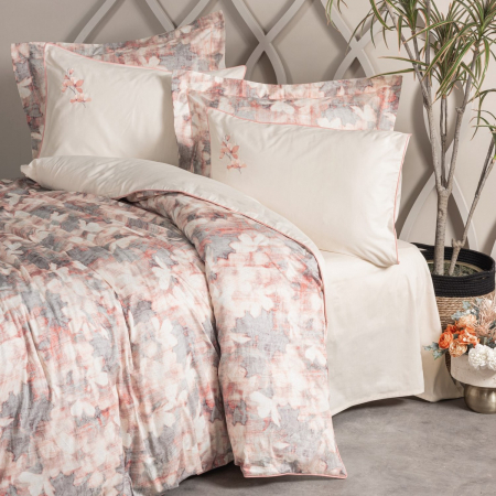 Lenjerii bumbac satin Premium - Lenjerie de pat Elite satin  brodată, 6 piese, bumbac 100%, Cotton Box, Layana - Pink