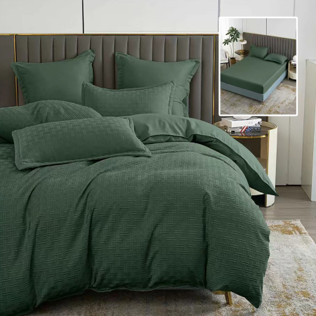 LENJERII DE PAT POLICOTON - LENJERIE DE PAT NATUR UNI STRIPE 6 PIESE CU HUSA (VERDE)