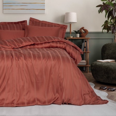 Lenjerii bumbac satin Premium - Lenjerie de pat premium Bamboo Stripe, 6 piese, Cotton Box, Tile Red