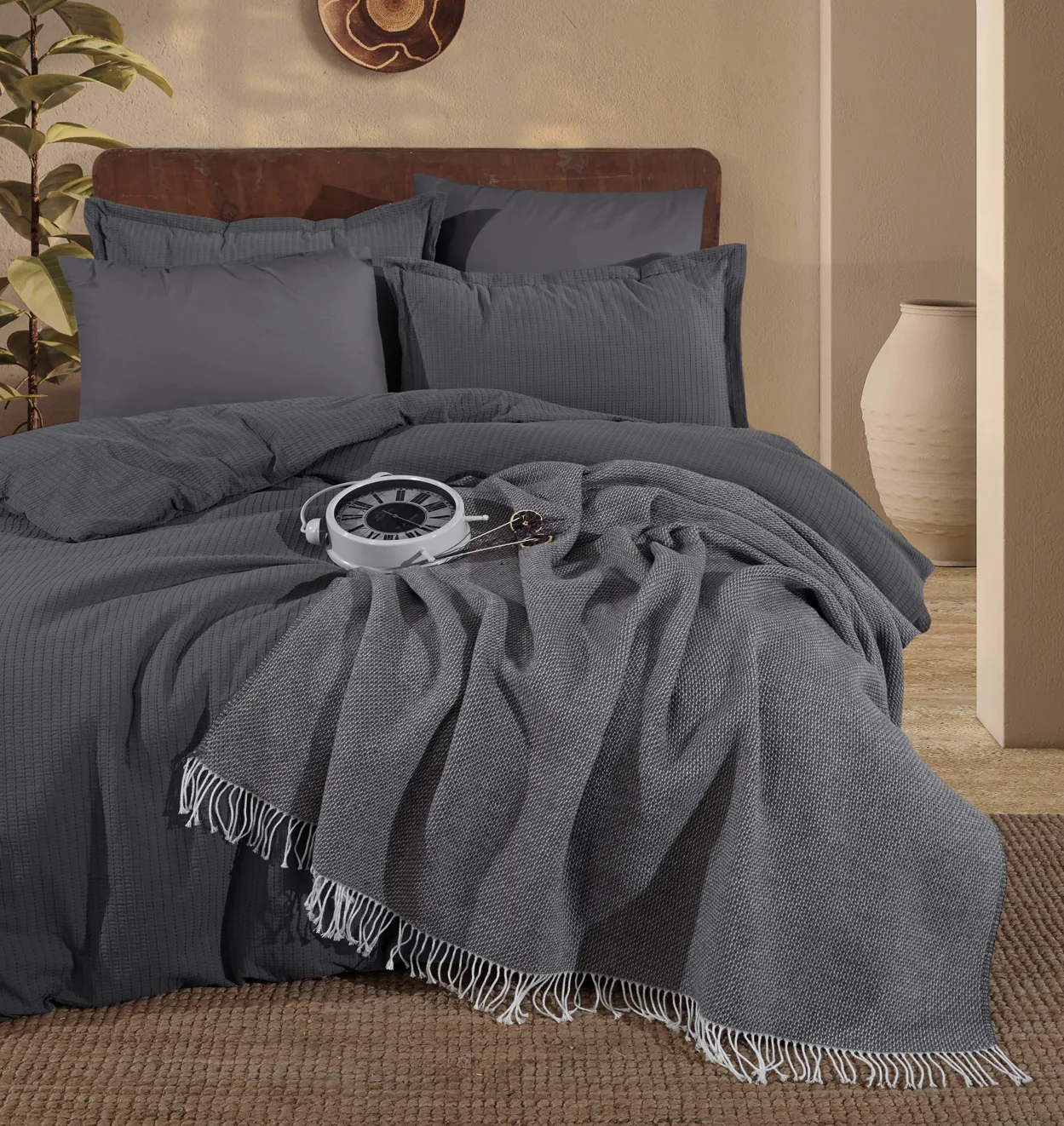 Lenjerii de pat - Lenjerie de Pat Premium EVEYA V2 Clasy cu Patura Decorativa - 100% Bumbac, 7 Piese