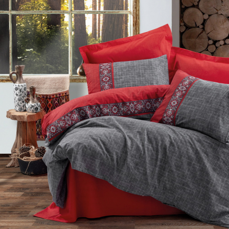 Lenjerie de pat ranforce, două persoane, bumbac 100%, Cotton Box, Folk Art - Ardil - Red [0]