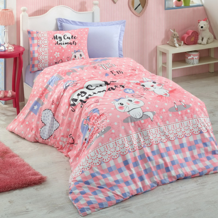 Lenjerii de pat Copii - Lenjerie de pat ranforce, o persoana, bumbac 100%, Cotton Box, Animals - Pink